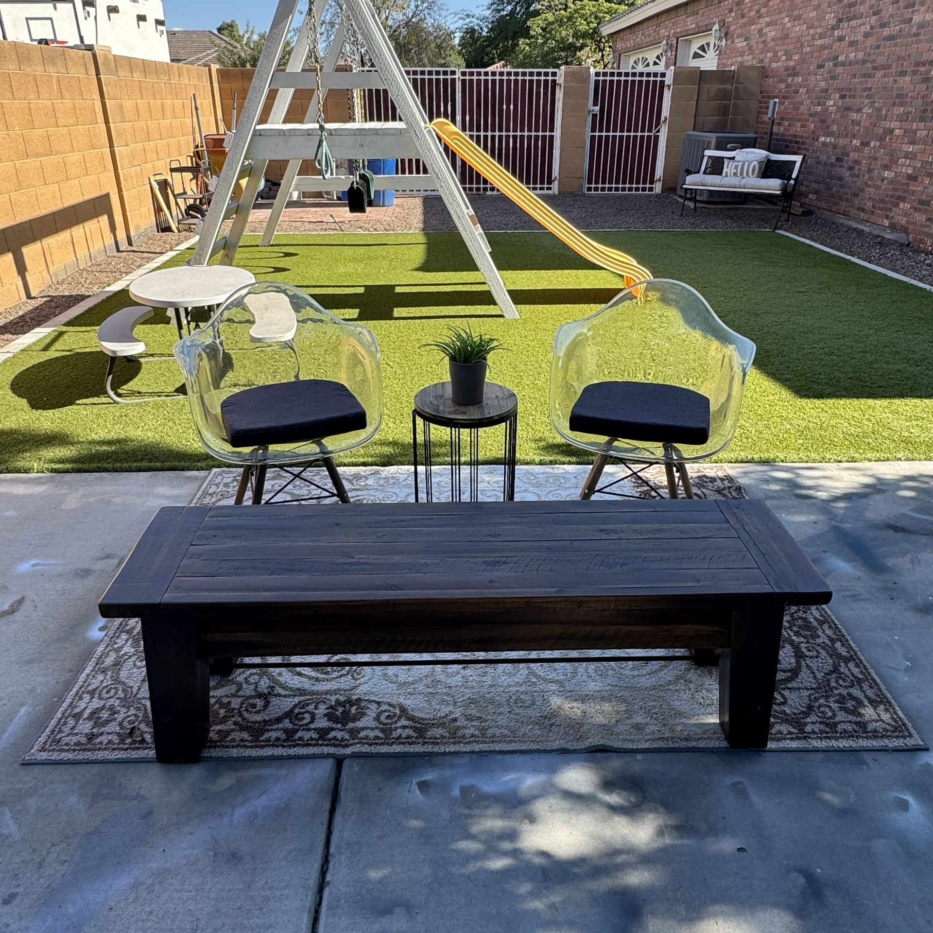 Industrial Wooden Bench with MCM Bucket Chairs and Table