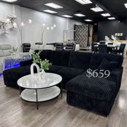 Stylish Black sectional sofa with Pull-out bed & storage Fur-like Jumbo Corduroy