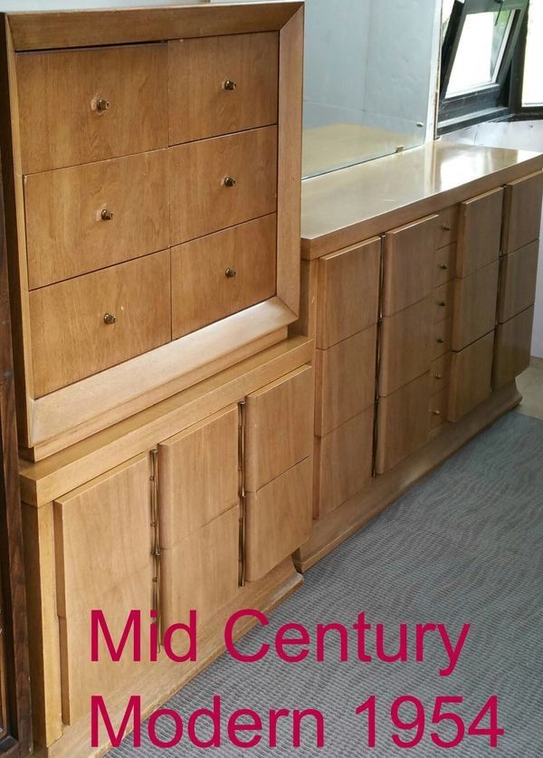 Vintage 1954 Mid Century Modern MCM 3 Piece American Martinsville Bedroom Set Dresser Mirror Chest Of Drawers Original Delivery Tag