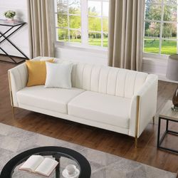 77.6" 3 Seater Sofa, Modern PU Leather Couch with Golden Legs & Armrests & 2 Pillows for Business Office, Cream White