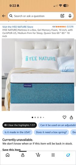 IYEE NATURE Gel Memory Foam Mattress Queen