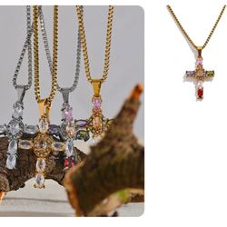 N235- Beautiful Colorful Bling Cubic Zirconia Cross Necklace!