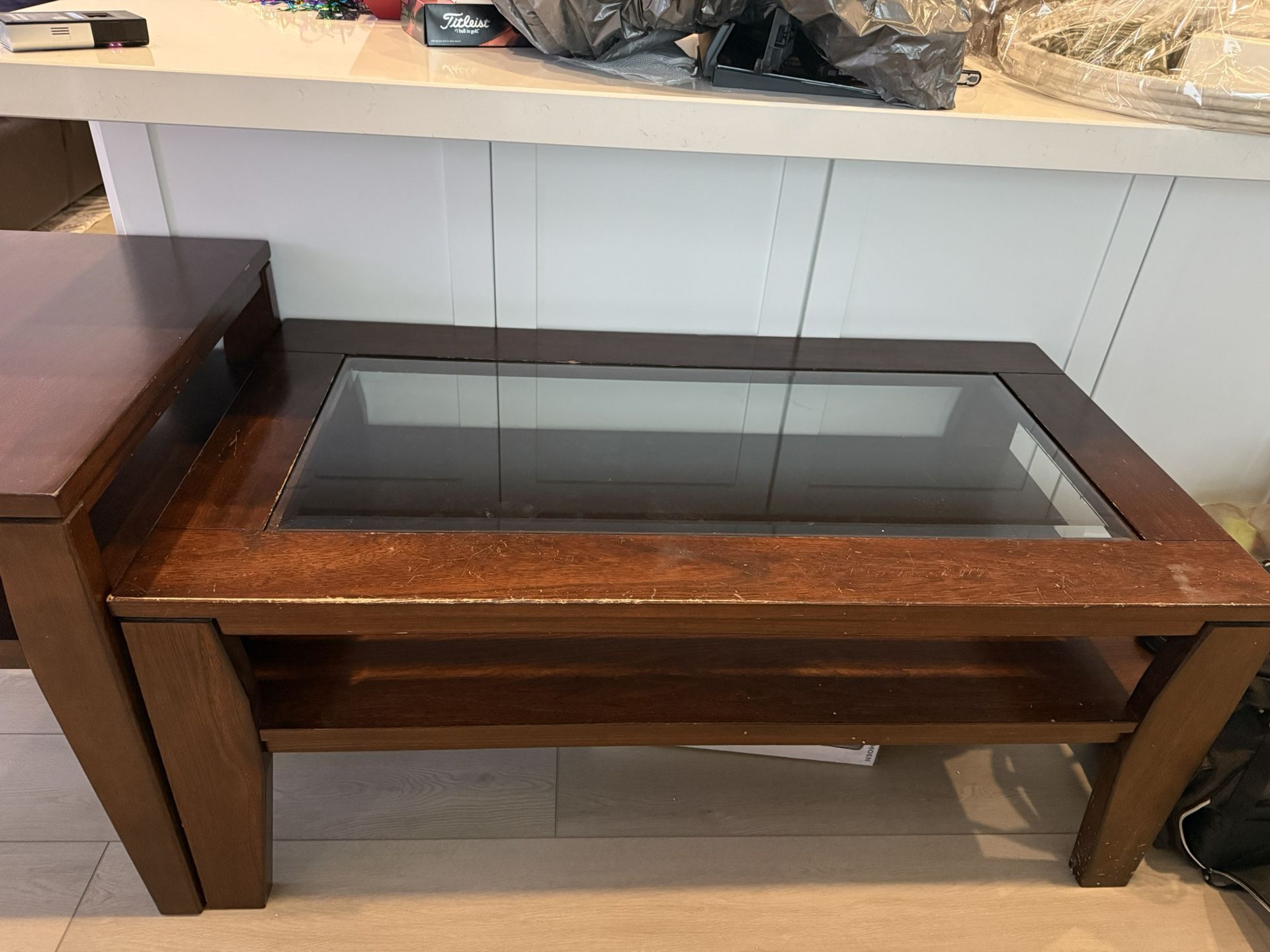 Brown Wooden/Glass Coffee and Side Table