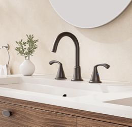 8 Inch Bathroom Faucet Rotatable Matte Black - Complete Set with Pull-Out Sprayer, Metal Pop-Up Drain, Water Supply Lines, 2 Handles for 3-Hole Sinks,