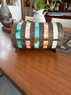 Vintage wooden chest decorated in brass and camel bone