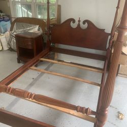 Bed, 4 Post Full. Antique With Night Stand 
