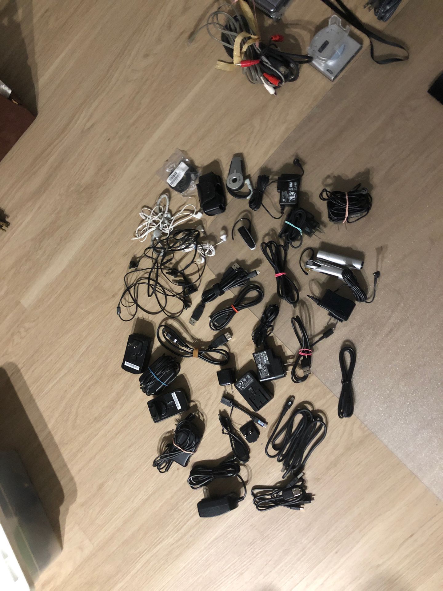 Various Chargers, BT headsets, USB cables