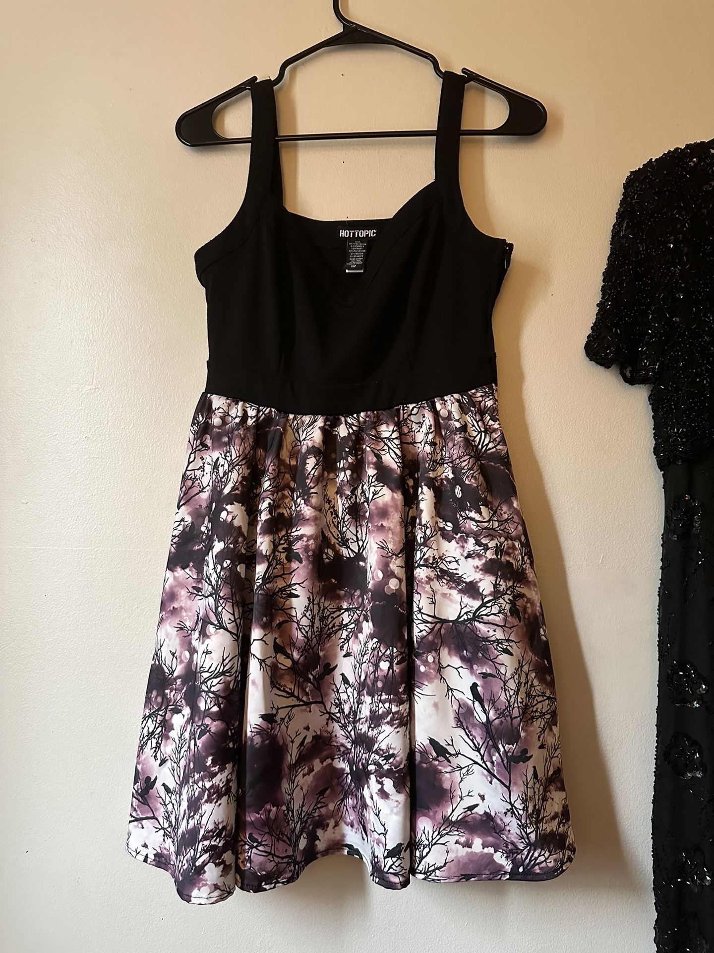 Hot Topic Satin Black & Purple Raven & Branch Print Dress Size Small