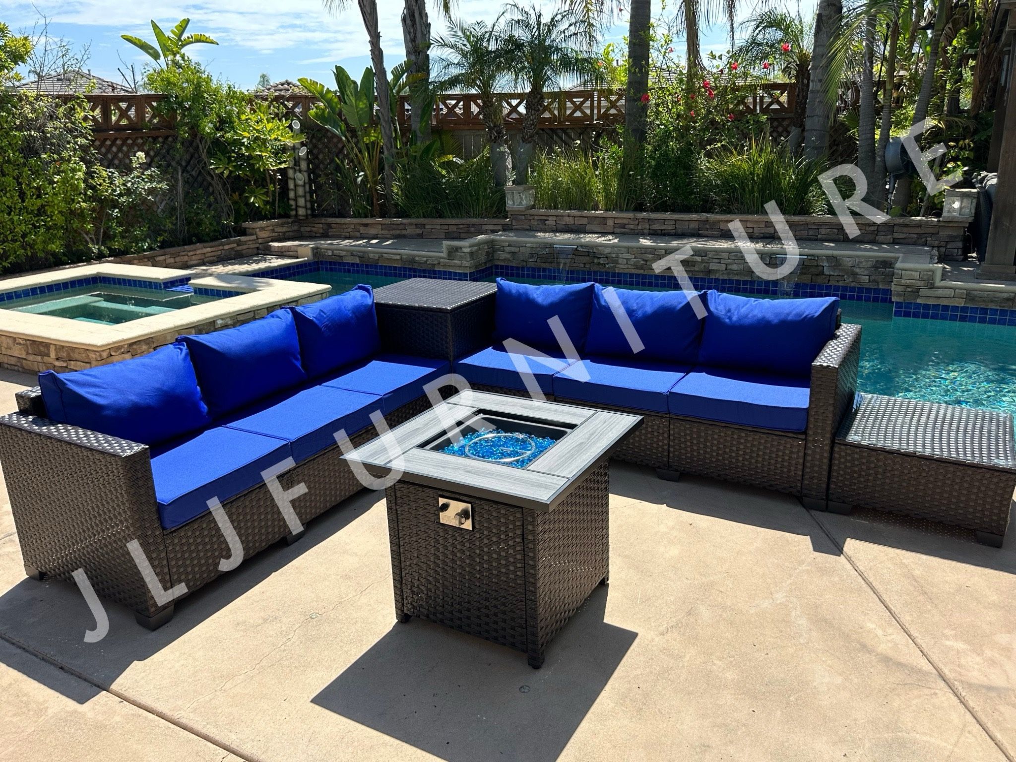 Brand NEW🔥 Patio Furniture Set Outdoor Brown Wicker Royal Blue Cushions with 30" Firepit ASSEMBLED