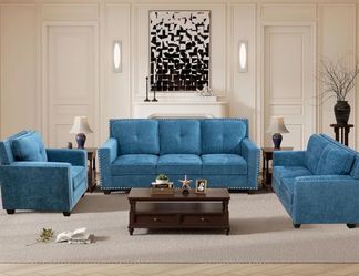 Modern style blue chenille three piece couch set