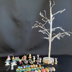 Vintage Easter Tree with Painted Wooden Ornaments - 15" Tall