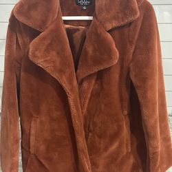 Coffee Shop Rust Orange Warm Faux Fur Coat- Small