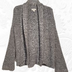 Gray & white marled cardigan sweater, open front shawl collar, Sz. M