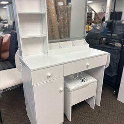 Modern Vanity Table Set with LED Mirror and Charging Station,6 Drawers,Bedroom,White