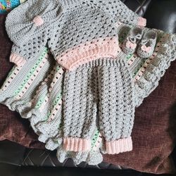 Hand Crocheted Baby Blanket/outfit