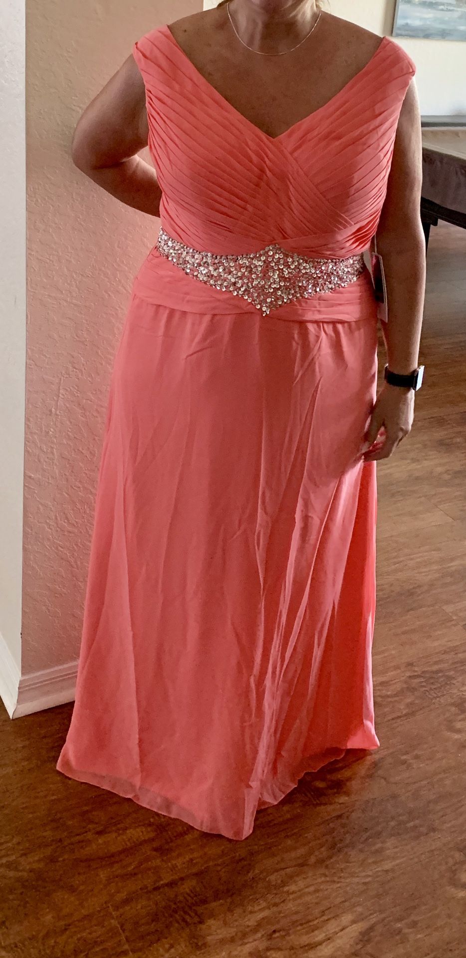 JJs house beautiful coral or watermelon color floor length dress.... sz 20... formal... prom dress..mother of the bride dress NWT