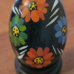 Vintage Hand Painted Carved Wood Egg - 3.5"
