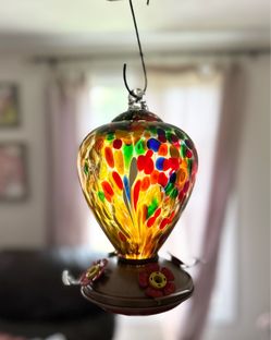 Hand blown glass hummingbird feeder