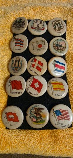 Antique 1910 T59 Sweet Caporal Cigarette Pins Lot – Flags & State Seals w/ Paper