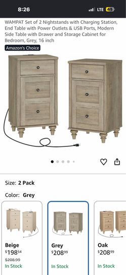 Set of 2 Nightstands with Charging Station, End Table with Power Outlets & USB Ports, Modern Side Table with Drawer and Storage Cabinet for Bedroom, G
