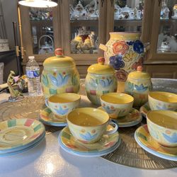 Bella Ceramica “CORSICA” – Hand Painted Set 5 Cups & 7 Saucers + 3 Canisters + FREE Vase