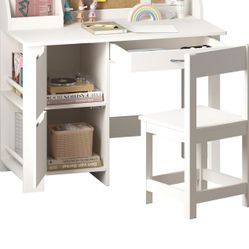 White children's desk with chair, wooden desk and chair set for kids, study table for boys and girls, children's computer desk with storage drawers, b