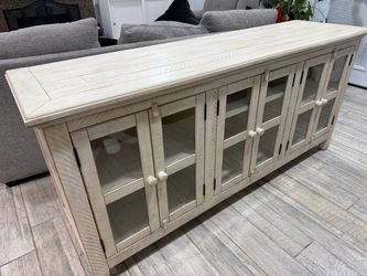 70" Solid Wood TV Stand in a white distressed finish, manufactured by Vilo Homes