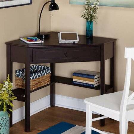 Corner Writing Desk with Pullout Storage Drawer and Shelf