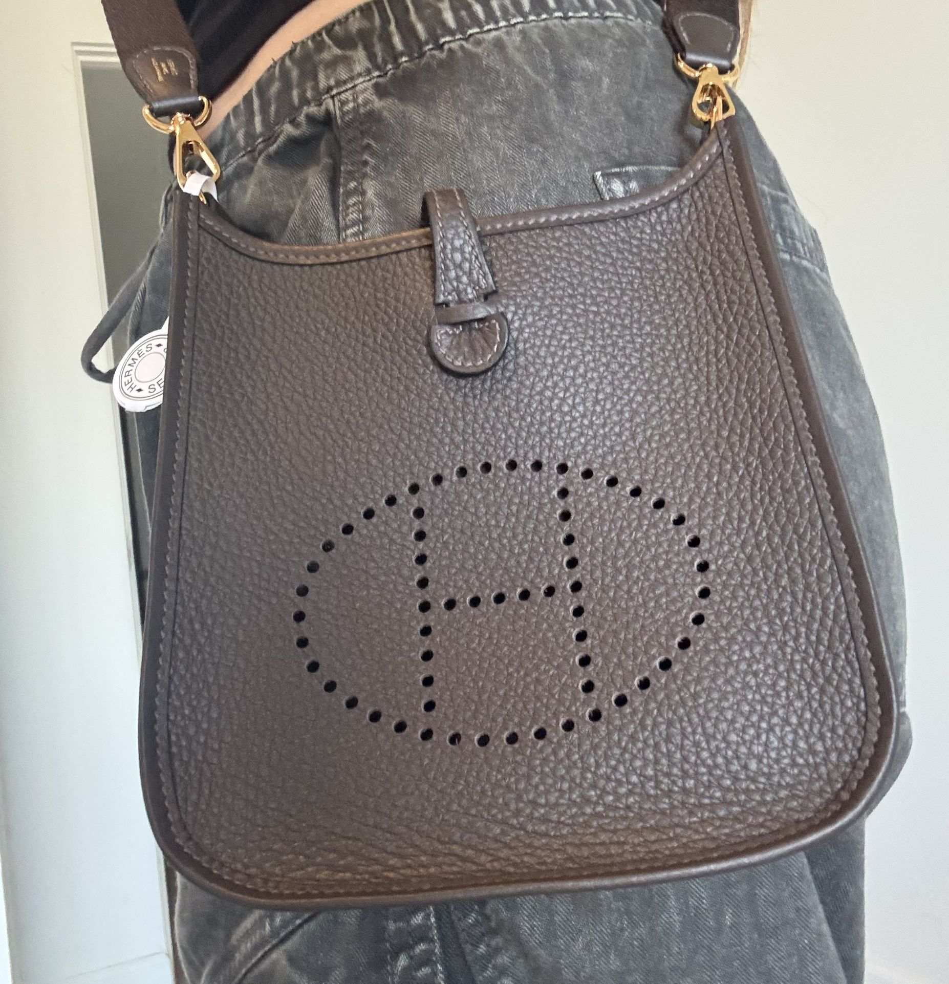 2025 Authentic Brand New Hermes Mini Evelyne TPM Amazone Crossbody Bag Purse In Ebene