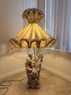 Azzolin Brothers Vintage Capodimonte Style Lady Harp Porcelain Lamp 47in