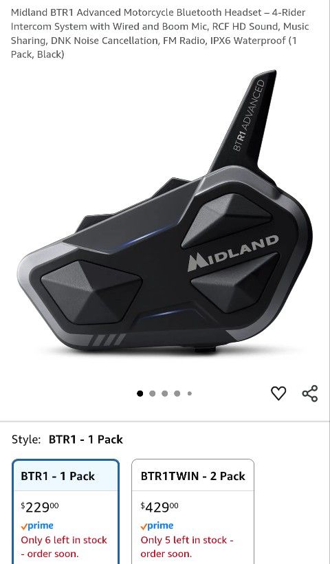 Midland BTR1 Advanced Motorcycle Bluetooth Headset – 4-Rider Intercom System with Wired and Boom Mic, RCF HD Sound, DNK Noise Cancellatiom, FM, IPX6