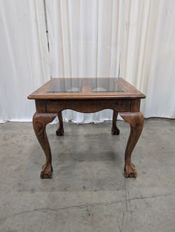 Traditional Oak Glass-Top End Table with Claw Feet