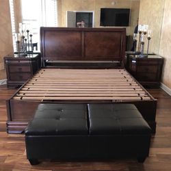 king bedroom set real carob wood.  2 bedside tables, bed with drawers, bench and dresser