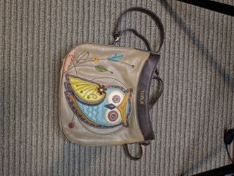 Chala Women’s Beige/Brown Owl Applique Rectangle Crossbody Bag, Zip, Gold