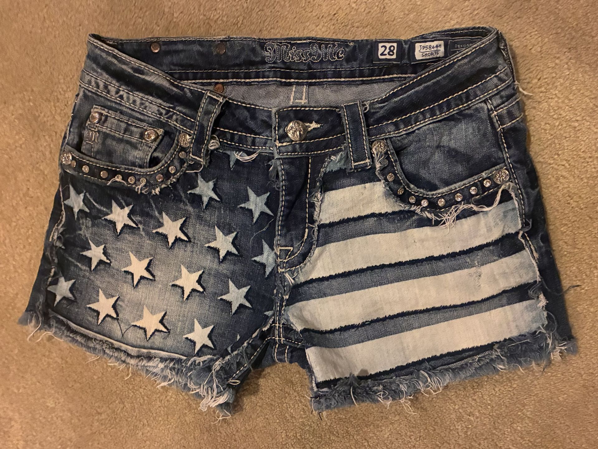 Women's Medium Wash Stars and Stripes Mid Rise Miss Me Flag Shorts
