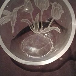 Teleflora Clear Crystal Bowl With Frosted Etched Tulips And Hummingbird
