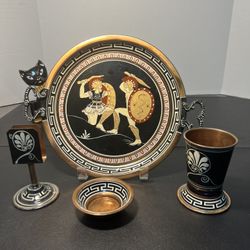 Greek Revival 1950s Copper Enamel Barware Set Tray Cup Dish Napkin Holder 