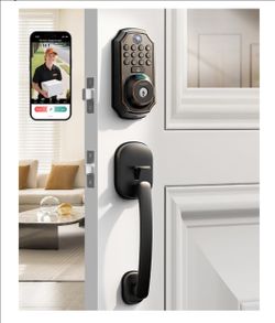 Cerradura inteligente WiFi con cámara, cerrojo de entrada sin llave con asa, cámara 5 en 1+timbre+huella