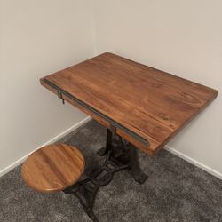 Industrial Draftsman’s Table & Stool – Cast Iron & Solid Teak