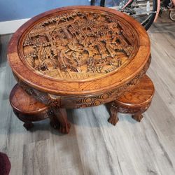 70s Asian tea table w 4 stools 