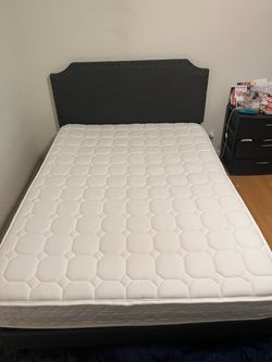 Full Bed Frame with Upholstered Nailhead Headboard + Mattress