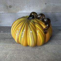 Hand Blown Art Glass Orange Color Pumpkin with Brown Stem 10” Wide X 8” Tall