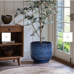 Ocean blue glazed round ceramic planter, 13.98" h