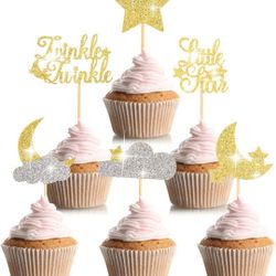 48 Pcs Glitter Little Star Cupcake Toppers Moon Cloud Cupcake Picks Twinkle Twinkle Little Star Baby Shower Decorations for Kids Birthday Wedding Part