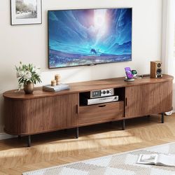 86.6" TV Stand with Power Outlet for TVs up to 90", Entertainment Center with Storage and Drawer, TV Console with Adjustable Shelves and Sliding Door,