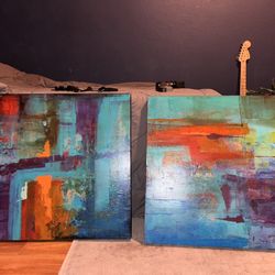 Abstract Modern Art Set – 2 Wood Panel Paintings (2x2 ft each)
