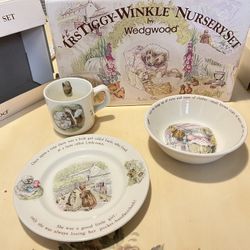 BEATRICE POTTER Mrs Tiggy-Winkle Nursery 3 Piece Set Bowl Cup Plate By Wedgwood Vintage  Made in • ENGLAND