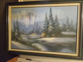 Framed Mountain And Pine Tree Painting 