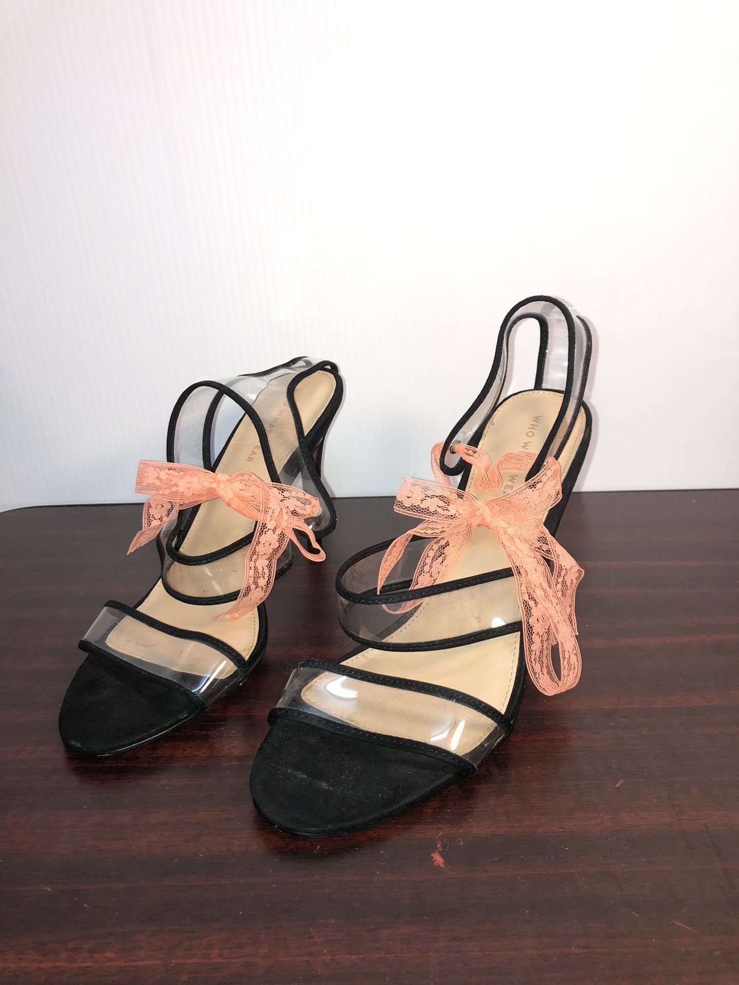 Black Heel Sandals Sz. 11 Who What Wear Jolie Quarter Strap Clear peach lace