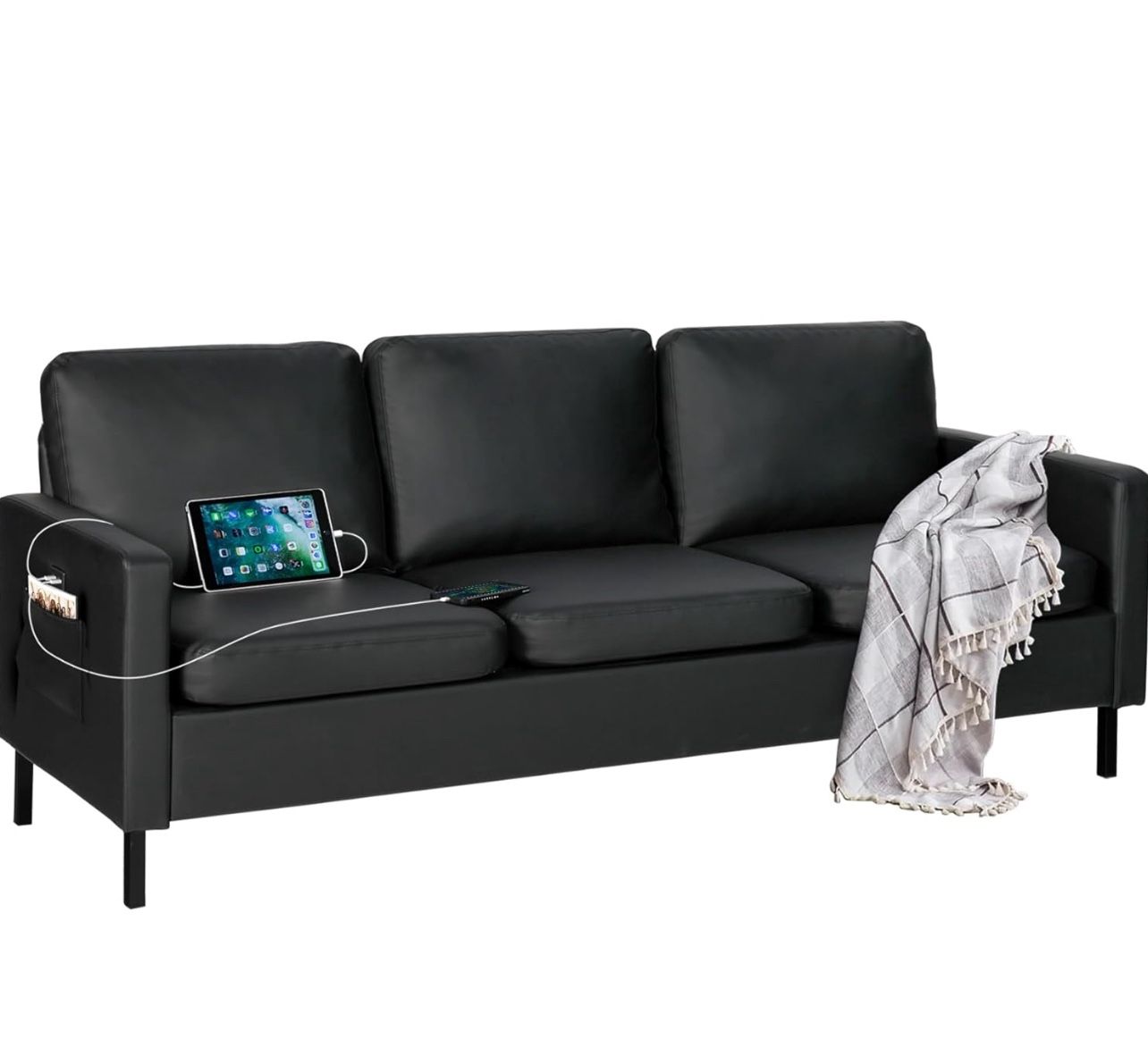 1349i 72" W Faux Leather Black Sofa 3 Seat Couch, Modern Comfy Couch with 2 USB, Small Couches for Living Room Apartment Bedroom Small Spaces, Office(
